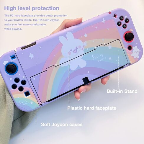 حافظات حماية لطيفة من Starry Forest لجهاز Nintendo Switch OLED مع أغطية عصا Joycon، غطاء صلب من البلاستيك الأرجواني لوحدة تحكم Switch OLED، أرنب قوس قزح (لجهاز Switch OLED) in Saudi Arabia
