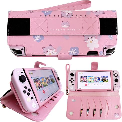 Starry Forest Cute PU Leather Carring Cases for Nintendo Switch OLED with Game Card Storage slots, Multifunctional Pink Purple Travel Case Cover Pouch with Built-in Stand, Kawaii Accessories for Switch OLED ONLY (Pink (Cat)) in Saudi Arabia