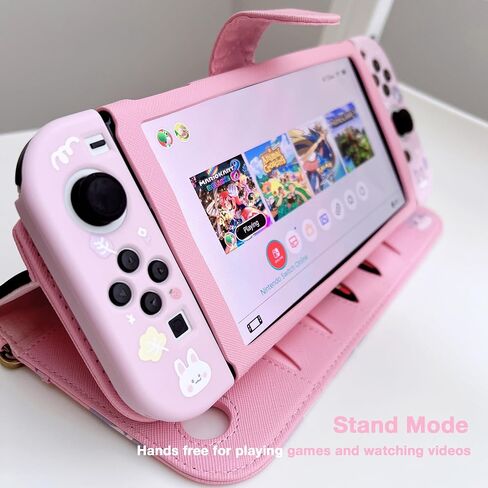 Starry Forest Cute PU Leather Carring Cases for Nintendo Switch OLED with Game Card Storage slots, Multifunctional Pink Purple Travel Case Cover Pouch with Built-in Stand, Kawaii Accessories for Switch OLED ONLY (Pink (Cat)) in Saudi Arabia