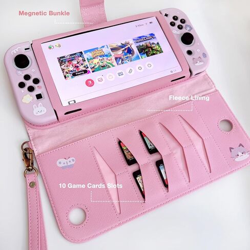 Starry Forest Cute PU Leather Carring Cases for Nintendo Switch OLED with Game Card Storage slots, Multifunctional Pink Purple Travel Case Cover Pouch with Built-in Stand, Kawaii Accessories for Switch OLED ONLY (Pink (Cat)) in Saudi Arabia