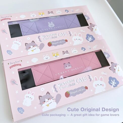 Starry Forest Cute PU Leather Carring Cases for Nintendo Switch OLED with Game Card Storage slots, Multifunctional Pink Purple Travel Case Cover Pouch with Built-in Stand, Kawaii Accessories for Switch OLED ONLY (Pink (Cat)) in Saudi Arabia