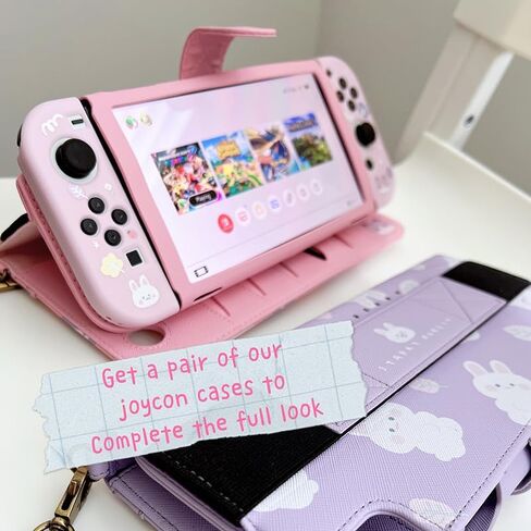 Starry Forest Cute PU Leather Carring Cases for Nintendo Switch OLED with Game Card Storage slots, Multifunctional Pink Purple Travel Case Cover Pouch with Built-in Stand, Kawaii Accessories for Switch OLED ONLY (Pink (Cat)) in Saudi Arabia