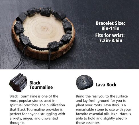 سوار حجر التورمالين الأسود - سوار ناشر الزيت العطري من الخرز الحجري الكريستالي من جيناستو، سوار الصخور البركانية من أجل شفاء الشاكرا والاسترخاء والحظ in Kuwait