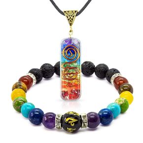 مجموعة مجوهرات مكونة من 7 شاكرا للرجال والنساء - سوار شاكرا ناشر للزيوت العطرية من خرز اللافا لتحقيق التوازن والحماية - قلادة أورجون مع سلك قابل للتعديل للشفاء الروحي in Kuwait