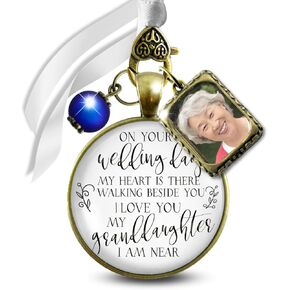 Bouquet Charm for Wedding in Memory of Grandparent On Your Wedding Day My Granddaughter Something Blue Bead 1 Frame Vintage Bronze Pendant Cream Glass Bride's Grandma or Grandpa DIY Photo Template