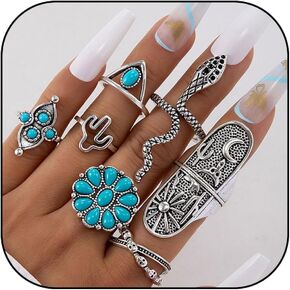 Turquoise Ring Set for Women Western Rings Knuckle Rings Set Turquoise Finger Ring Bohemia Turquoise Jewelry Handmade Rings in Saudi Arabia