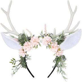 MOSTORY Handmade Gold Flower Antler Headband - Woodland Floral Reindeer Headpiece with Deer Ears Forest Fairy Hairband for Women Girls Renaissance Halloween Cosplay Party Prom Photo Props Pink Rose