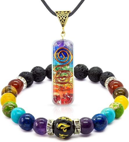 مجموعة مجوهرات مكونة من 7 شاكرا للرجال والنساء - سوار شاكرا ناشر للزيوت العطرية من خرز اللافا لتحقيق التوازن والحماية - قلادة أورجون مع سلك قابل للتعديل للشفاء الروحي in Kuwait