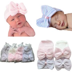 Newborn Baby Girl Hat with Bow (Gift Set of 4) in Saudi Arabia