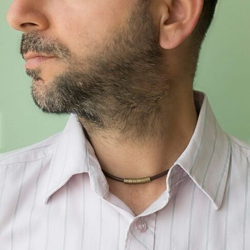 Men's Necklace, Brown Leather Adjustable Layered Choker, Handmade Brass Tubes Beaded Boho Urban Rustic Jewelry for Guys by Magoo (16.5") in Saudi Arabia