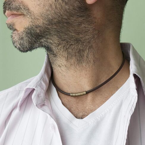 Men's Necklace, Brown Leather Adjustable Layered Choker, Handmade Brass Tubes Beaded Boho Urban Rustic Jewelry for Guys by Magoo (16.5") in Saudi Arabia