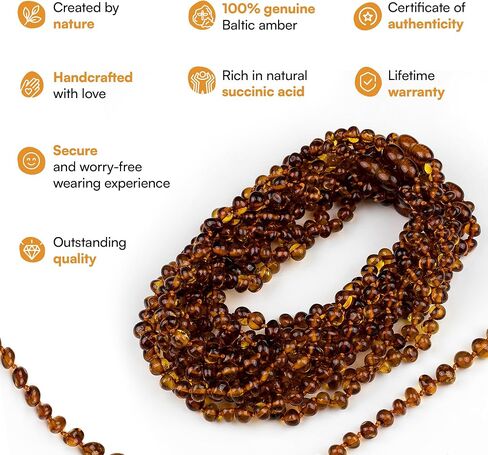 قلادة Amber Guru Baltic Amber للنساء والرجال (أصيلة ومعتمدة) - 21.7 بوصة، كونياك (مصقول) - مجوهرات عنبر للجنسين للبالغين - قلادة من خرز العنبر in Kuwait