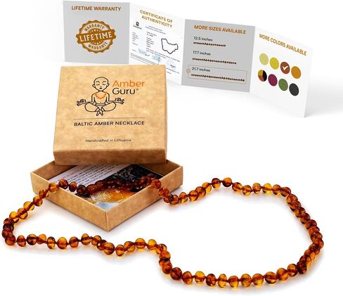 قلادة Amber Guru Baltic Amber للنساء والرجال (أصيلة ومعتمدة) - 21.7 بوصة، كونياك (مصقول) - مجوهرات عنبر للجنسين للبالغين - قلادة من خرز العنبر in Kuwait