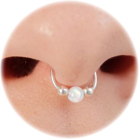 Fake Septum Ring 20 Gauge 925 Silver - Thin Flase Septum Hoop 3mm White Opal 20g Hypoallergenic - Faux Septum Hoop No Piercing Needed - Sterling Silver Septum Cuff - Handmade Clip On Septum Rings in Saudi Arabia