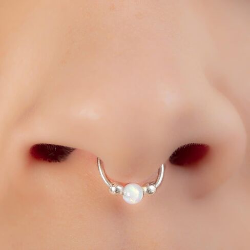 Fake Septum Ring 20 Gauge 925 Silver - Thin Flase Septum Hoop 3mm White Opal 20g Hypoallergenic - Faux Septum Hoop No Piercing Needed - Sterling Silver Septum Cuff - Handmade Clip On Septum Rings in Saudi Arabia