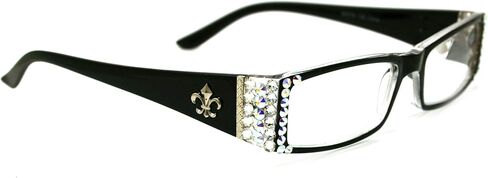 نظارات القراءة النسائية الفرنسية (Bling) Fleur De Lis المزينة بكريستال نمساوي (شفاف + أورورا بورياليس)، مستطيلة مكبرة (أسود). نيويورك الجادة الخامسة. (+2.50) in Kuwait