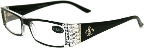 نظارات القراءة النسائية الفرنسية (Bling) Fleur De Lis المزينة بكريستال نمساوي (شفاف + أورورا بورياليس)، مستطيلة مكبرة (أسود). نيويورك الجادة الخامسة. (+2.50) in Kuwait