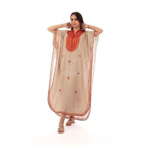 Moroccan Hand Made Caftan Beige In Cotton With Hand Embroidery Made In Morocco By Kenzadi (Blue Embroidery)