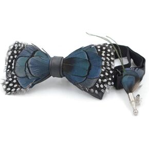 Polka-dot Blueish Pheasant Feather Bow Ties lapel Pin Set in Saudi Arabia