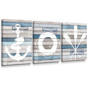 Adecuado Bathroom Decor Wall Art Coastal Nautical Beach Decor Anchor Life Ring Boat Oar Decorations Blue Ocean Rustic Canvas Paintings for Living Room Bedroom Nursery 12x16 Inch, 3 Piece