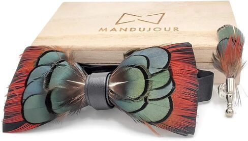 Pheasant greenish orange accents Feather Bow Tie & Lapel pin set with wooden box in Saudi Arabia