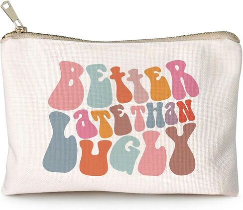 Retro Colorful Better Late Than Ugly Cosmetic Bag Travel Makeup Bag, Funny Makeup Bag, Cute Cosmetic Bag, Inspirational Makeup Bag for Women, Teen Girl Gift, for Best Friends in Saudi Arabia
