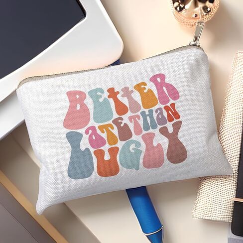 Retro Colorful Better Late Than Ugly Cosmetic Bag Travel Makeup Bag, Funny Makeup Bag, Cute Cosmetic Bag, Inspirational Makeup Bag for Women, Teen Girl Gift, for Best Friends in Saudi Arabia