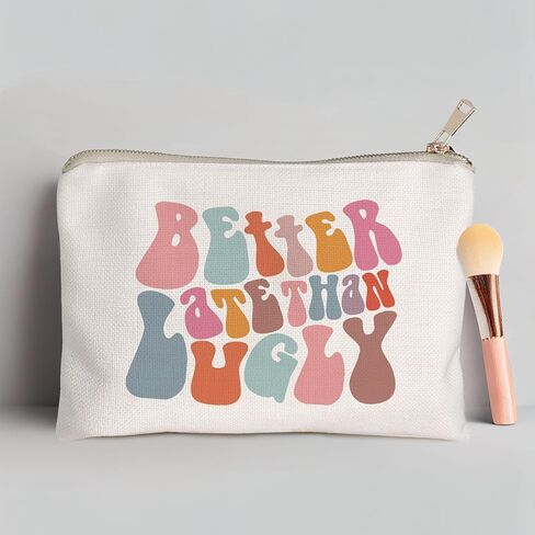 Retro Colorful Better Late Than Ugly Cosmetic Bag Travel Makeup Bag, Funny Makeup Bag, Cute Cosmetic Bag, Inspirational Makeup Bag for Women, Teen Girl Gift, for Best Friends in Saudi Arabia
