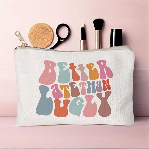 Retro Colorful Better Late Than Ugly Cosmetic Bag Travel Makeup Bag, Funny Makeup Bag, Cute Cosmetic Bag, Inspirational Makeup Bag for Women, Teen Girl Gift, for Best Friends in Saudi Arabia