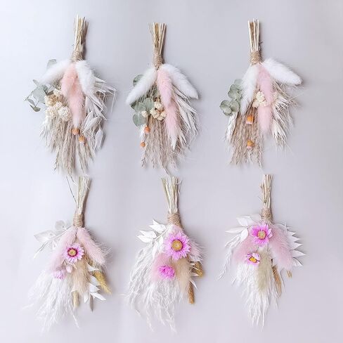 Mini Dried Flower Bouquet Set of 6, Boho Wedding Decor, Boutonniere for Men,Table Centerpieces, Dry Pampas Grass,Birthday Cake Flowers,Personalized Bridesmaid Gift Box,Small Bottles Decoration.(White) in Kuwait