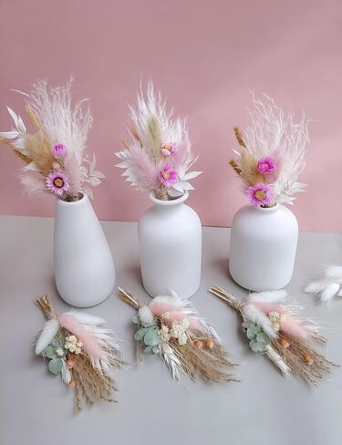 Mini Dried Flower Bouquet Set of 6, Boho Wedding Decor, Boutonniere for Men,Table Centerpieces, Dry Pampas Grass,Birthday Cake Flowers,Personalized Bridesmaid Gift Box,Small Bottles Decoration.(White) in Kuwait