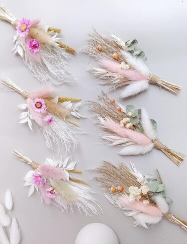 Mini Dried Flower Bouquet Set of 6, Boho Wedding Decor, Boutonniere for Men,Table Centerpieces, Dry Pampas Grass,Birthday Cake Flowers,Personalized Bridesmaid Gift Box,Small Bottles Decoration.(White) in Kuwait