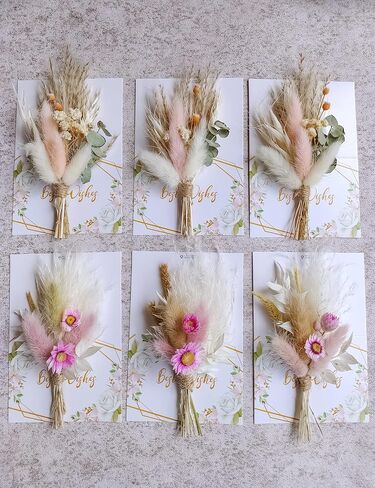 Mini Dried Flower Bouquet Set of 6, Boho Wedding Decor, Boutonniere for Men,Table Centerpieces, Dry Pampas Grass,Birthday Cake Flowers,Personalized Bridesmaid Gift Box,Small Bottles Decoration.(White) in Kuwait