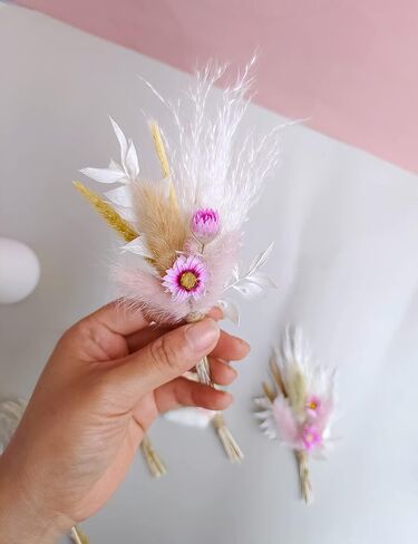 Mini Dried Flower Bouquet Set of 6, Boho Wedding Decor, Boutonniere for Men,Table Centerpieces, Dry Pampas Grass,Birthday Cake Flowers,Personalized Bridesmaid Gift Box,Small Bottles Decoration.(White) in Kuwait