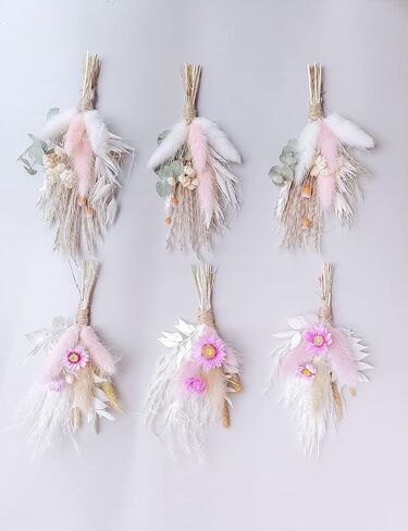 Mini Dried Flower Bouquet Set of 6, Boho Wedding Decor, Boutonniere for Men,Table Centerpieces, Dry Pampas Grass,Birthday Cake Flowers,Personalized Bridesmaid Gift Box,Small Bottles Decoration.(White) in Kuwait