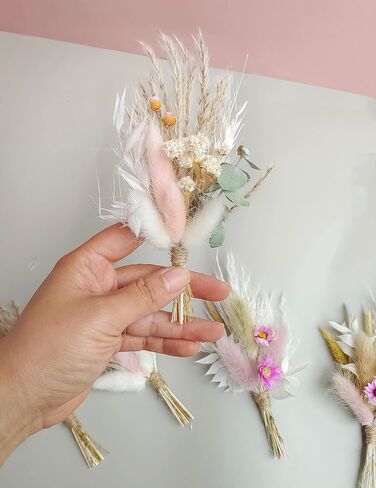 Mini Dried Flower Bouquet Set of 6, Boho Wedding Decor, Boutonniere for Men,Table Centerpieces, Dry Pampas Grass,Birthday Cake Flowers,Personalized Bridesmaid Gift Box,Small Bottles Decoration.(White) in Kuwait