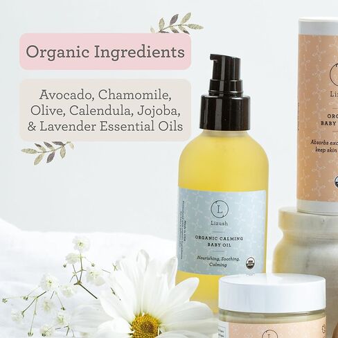 Lizush Organic Calming Baby Oil - 4 oz. Massage Oil with Soothing Calendula, Lavender, and Jojoba Oil - Baby Essentials to Nurture and Protect Skin in Kuwait