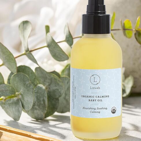 Lizush Organic Calming Baby Oil - 4 oz. Massage Oil with Soothing Calendula, Lavender, and Jojoba Oil - Baby Essentials to Nurture and Protect Skin in Kuwait
