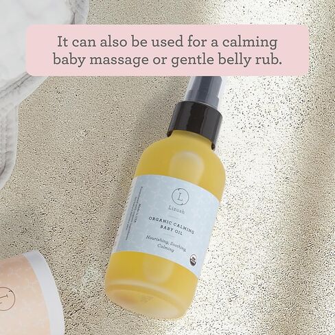 Lizush Organic Calming Baby Oil - 4 oz. Massage Oil with Soothing Calendula, Lavender, and Jojoba Oil - Baby Essentials to Nurture and Protect Skin in Kuwait
