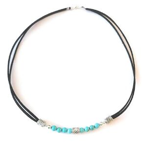 Turquoise Silver Tribal Snake Bead Black Micro Suede Leather Double Strand Necklace 20 Inch Surfer Boho Style in Saudi Arabia