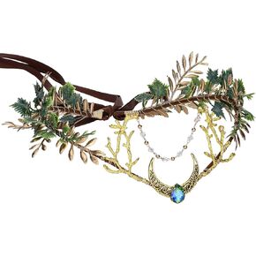 MOSTORY Handmade Flower Fairy Moon Crown - Woodland Elf Headpiece Forest Floral Circlet for Women Girls Halloween Renaissance Cosplay Party Photo Shoot