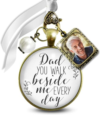 Bouquet Photo Charms Customize Heart Charm Wedding Dad You Walk Beside Me Every Day 1 Frame Bronze White Glass Pendant Jewelry White Bead Honor Father Keepsake Bridal Flowers DIY Picture Template in Saudi Arabia