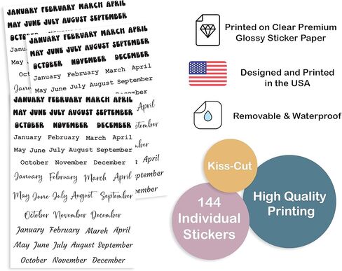 Mini Months Planner Stickers, Undated Planner, 144 Months of the Year Stickers, Decorative Planning Stickers, Clear Removable Waterproof vinyl stickers, Black Font Modern Fancy in Kuwait