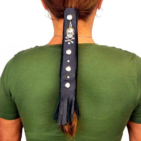 Black Leather Hair Wrap 8" Inch - Ponytail Wrap & Tangle Saver | Biker Helmet Motorcycle Accessories for Women | Fringe | Made in USA | Accessory in Saudi Arabia