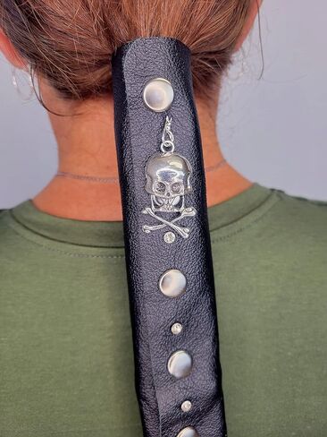 Black Leather Hair Wrap 8" Inch - Ponytail Wrap & Tangle Saver | Biker Helmet Motorcycle Accessories for Women | Fringe | Made in USA | Accessory in Saudi Arabia