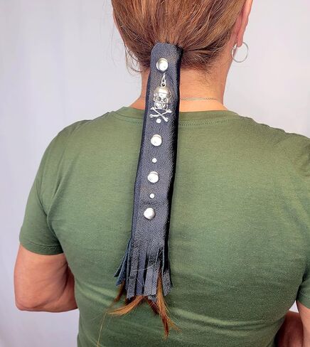 Black Leather Hair Wrap 8" Inch - Ponytail Wrap & Tangle Saver | Biker Helmet Motorcycle Accessories for Women | Fringe | Made in USA | Accessory in Saudi Arabia
