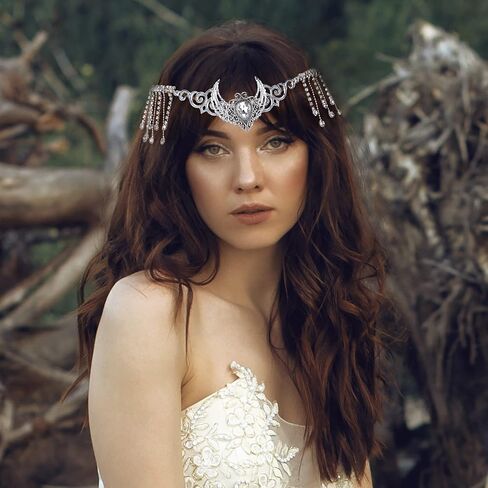 MOSTORY Handmade Black Crystal Circlet Medieval Fairy Moon Headpiece with Rhinestone Tassels Dark Elf Crown for Women Girls Bridal Shower Parties Renaissance Fair Prom Maternity Shoot in Kuwait