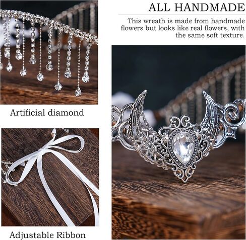MOSTORY Handmade Black Crystal Circlet Medieval Fairy Moon Headpiece with Rhinestone Tassels Dark Elf Crown for Women Girls Bridal Shower Parties Renaissance Fair Prom Maternity Shoot in Kuwait