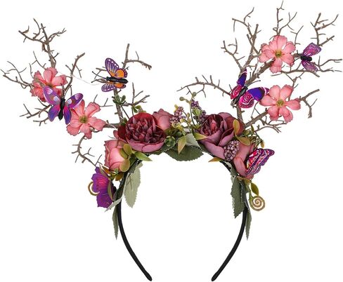 MOSTORY Handmade LED Butterfly Branch Headband - Yellow Woodland Hairband with Flower Forest Headpiece Fairy Antler Hairband for Renaissance Halloween Cosplay Prom Party in Saudi Arabia