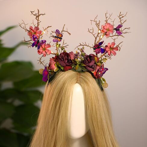 MOSTORY Handmade LED Butterfly Branch Headband - Yellow Woodland Hairband with Flower Forest Headpiece Fairy Antler Hairband for Renaissance Halloween Cosplay Prom Party in Saudi Arabia